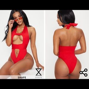 PLT Red Cut Out Halterneck Swimsuit
